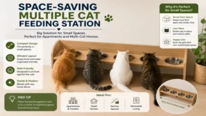 Space-saving multiple cat feeding station ideal for apartments and homes with several cats