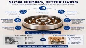 metal slow feeder dog bowl demonstrating slow feeding benefits for healthier and safer eating habits