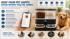 Modern automatic water and food dispenser for dogs with app control and real-time pet monitoring