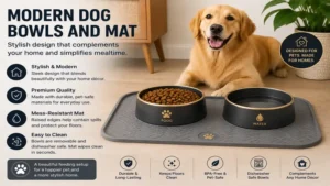 Modern dog bowls and mat with a stylish design that complements home décor