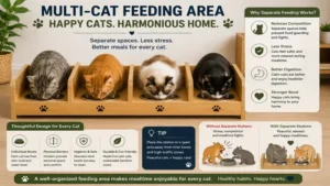 Organized multiple cat feeding station helping reduce competition and encourage healthy eating habits