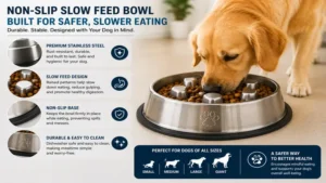 Non-slip dog bowl to slow eating stainless steel model with a stable base for safer and cleaner feeding sessions.