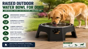 Raised outdoor water bowl for dogs providing a comfortable drinking height for better posture.