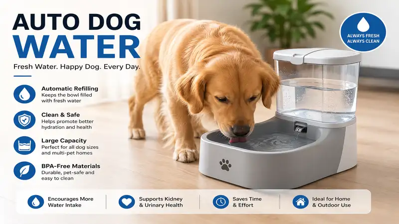 Auto dog water dispenser providing fresh, clean drinking water for dogs throughout the day.