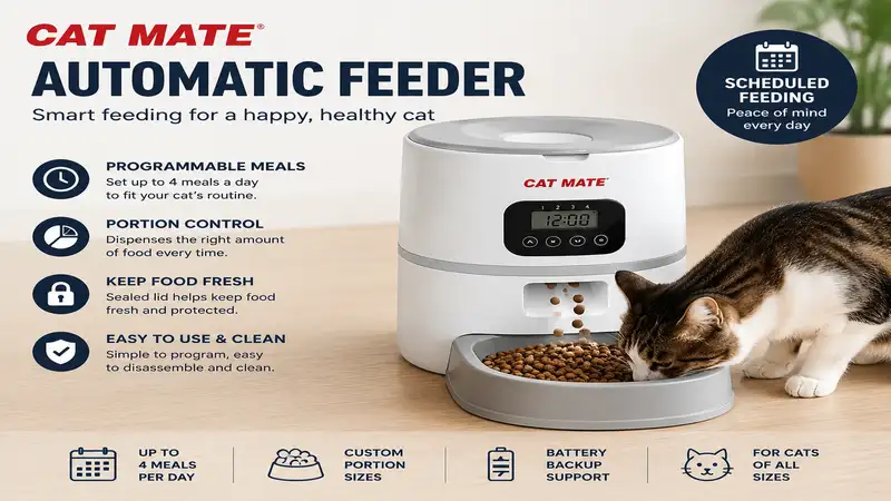 Cat mate automatic feeder for scheduled feeding with accurate portion control for indoor cats.