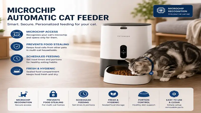 Microchip automatic cat feeder providing secure, portion-controlled feeding for your pet