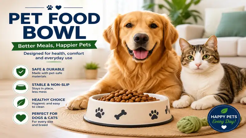 Pet food bowl filled with healthy dry kibble for dogs and cats in a modern home