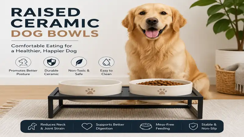 Raised ceramic dog bowls on a modern elevated stand that provide a comfortable feeding position for dogs.