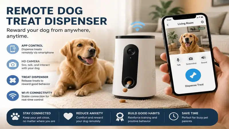 Remote dog treat dispenser allowing pet owners to reward their dog from anywhere using a smartphone app.