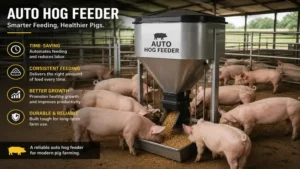 An auto hog feeder installed in a spacious pig pen for convenient feeding