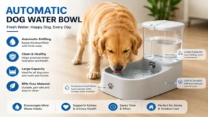 Auto dog water bowl with a continuous gravity-fed water supply for indoor pets.