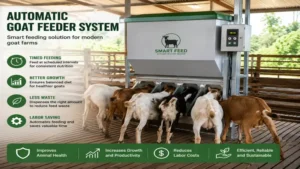 Modern automatic goat feeder system installed inside a goat barn