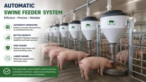automatic swine feeder system providing controlled feed distribution for growing pigs.