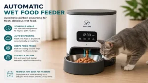 automatic wet food feeder dispensing fresh wet food for a cat with scheduled feeding.