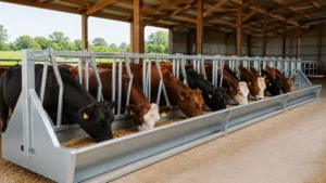 Barn feeder positioned along a livestock feeding area inside a spacious barn.