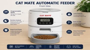 Front view of a cat mate automatic feeder showing the digital control panel and food outlet.