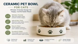 Ceramic pet bowl designed for cats with a shallow whisker-friendly shape
