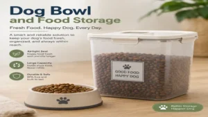 dog bowl and food storage container with an airtight lid keeps dry dog food fresh and easy to access.