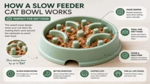 Close-up showing how slow feeder cat bowl wet food helps slow eating and improve digestion.