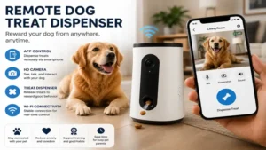 Remote dog treat dispenser connected to a mobile app for dispensing treats remotely.