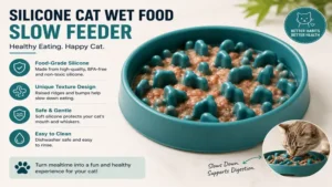 Silicone cat wet food slow feeder with textured grooves for healthy mealtime enrichment