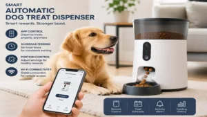 Smart automatic dog treat dispenser with app-controlled feeding and rewards