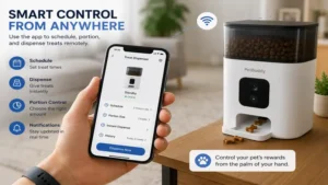 Pet owner controlling an automatic treat dispenser using a smartphone app