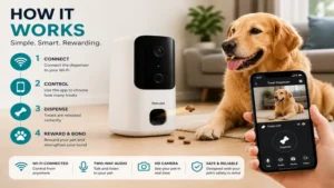 Smart remote treat dispenser showing how the remote treat dispenser works step by step