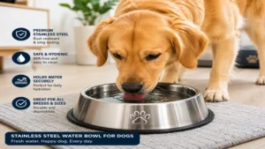 Dog drinking fresh water from a stainless steel water bowl for dogs in a clean home environment.