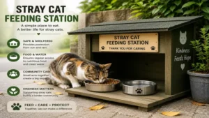 Outdoor stray cat feeding station placed in a sheltered location for feeding and caring for stray cats