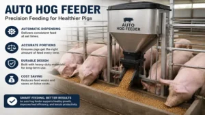 Auto hog feeder releasing measured feed into a durable livestock trough