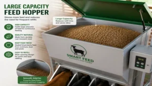 Close-up of an automatic goat feeder hopper storing dry goat feed