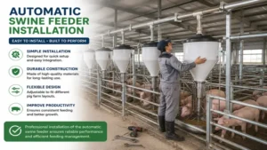 automatic swine feeder installation inside a commercial pig housing facility.
