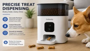 Close-up view of an automatic treat dispenser dispensing a single pet treat