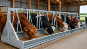 Barn feeder providing consistent feed access for cattle in a modern barn.