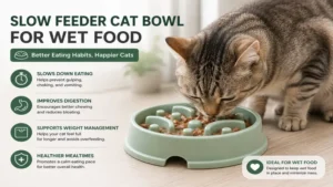 A cat enjoying slow feeder cat bowl wet food to reduce gulping and support healthy eating habits.