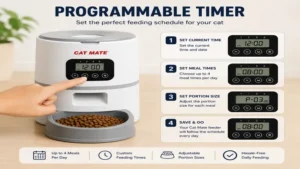 Cat mate automatic feeder with programmable timer for setting daily feeding schedules.