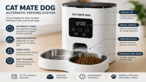 Close-up of cat mate dog automatic feeding system with portion control