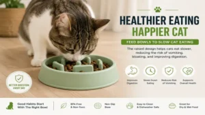 A cat eating from feed bowls to slow cat eating with raised patterns that slow food intake