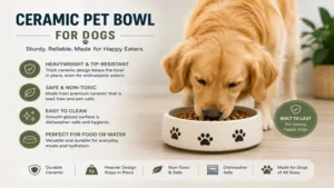 Ceramic pet bowl for dogs featuring a sturdy heavyweight design that resists tipping