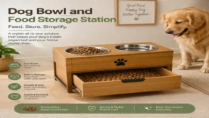 dog bowl and food storage station featuring elevated bowls and built-in storage for convenient daily feeding.