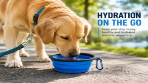 A dog drinking fresh water from a dog foldable water bowl during an outdoor walk.