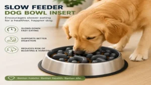 Dog eating from a slow feeder dog bowl insert that encourages slower and healthier mealtimes.