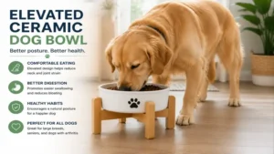 Large dog eating comfortably from an elevated ceramic dog bowl at mealtime.