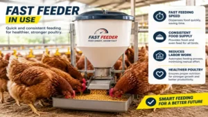 Fast feeder in use providing automatic feed to farm animals.