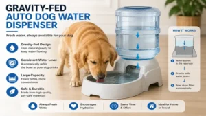 Auto dog water gravity-fed dispenser keeping the bowl filled with fresh drinking water.