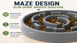 Close-up view of maze bowl for dogs showing deep ridges that make food more challenging to reach.