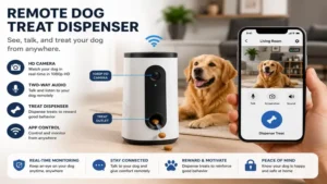 Remote dog treat dispenser with built-in camera for monitoring and rewarding pets at home.