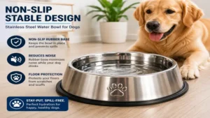 Non-slip stainless steel water bowl for dogs with a rubber base that prevents sliding during use.