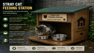 stray cat feeding station with a weather-resistant shelter protecting food and water from rain